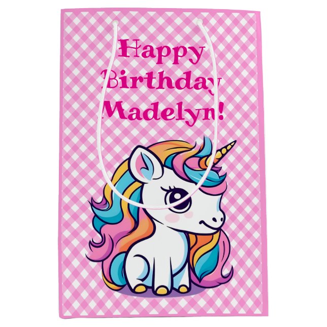 Cute Unicorn Pink Gingham Birthday Present Medium Gift Bag (Front)