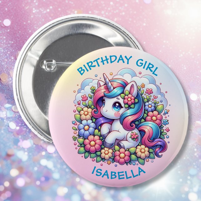 Cute Unicorn Pink Girl's Birthday Girl Button (Creator Uploaded)