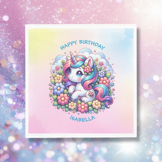 Cute Unicorn Pink Girl's Birthday Personalized Napkins (Creator Uploaded)