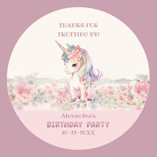 Cute Unicorn Pink Girls Birthday Thank You Classic Round Sticker