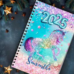 Cute unicorn pink Glitter aqua monogram 2025 Planner