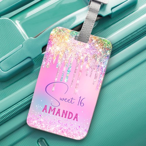 Cute unicorn pink glitter birthday monogram luggage tag