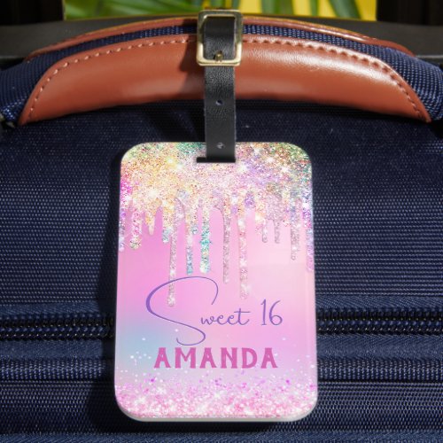 Cute unicorn pink glitter birthday monogram luggage tag