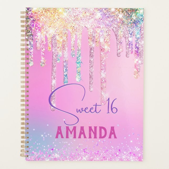 Cute unicorn pink glitter birthday monogram planner (Front)