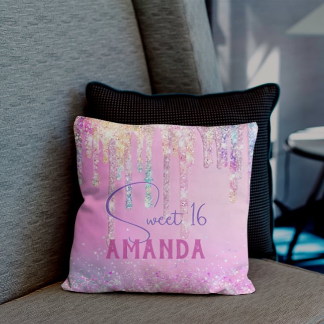 Cute unicorn pink glitter birthday monogram throw pillow (Creator Uploaded)