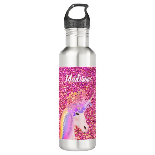 Cute Unicorn Pink Glitter Floral Personalized Kids Stainless Steel Water Bottle