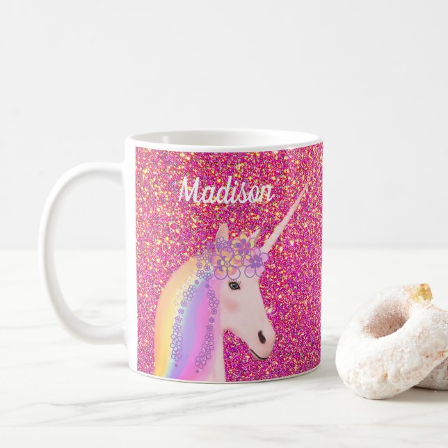 Cute Unicorn Pink Glitter Personalized Kids Coffee Mug (With Donut)