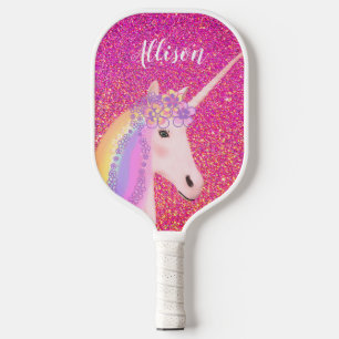 Cute Unicorn Pink Glitter Personalized Pickleball Paddle