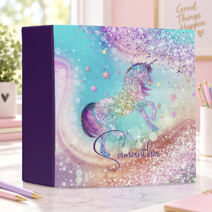 Cute unicorn pink Glitter rainbow aqua monogram 3 Ring Binder