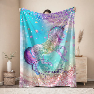 Cute unicorn pink Glitter rainbow aqua monogram Baby Blanket