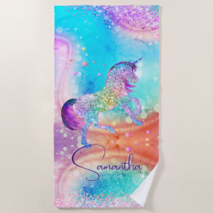 Cute unicorn pink Glitter rainbow aqua monogram Beach Towel