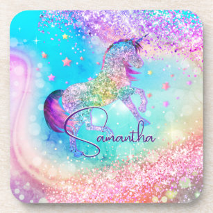 Cute unicorn pink Glitter rainbow aqua monogram Beverage Coaster