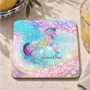 Cute unicorn pink Glitter rainbow aqua monogram Beverage Coaster