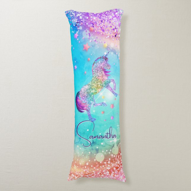 Cute unicorn pink Glitter rainbow aqua monogram Body Pillow (Front Vertical)
