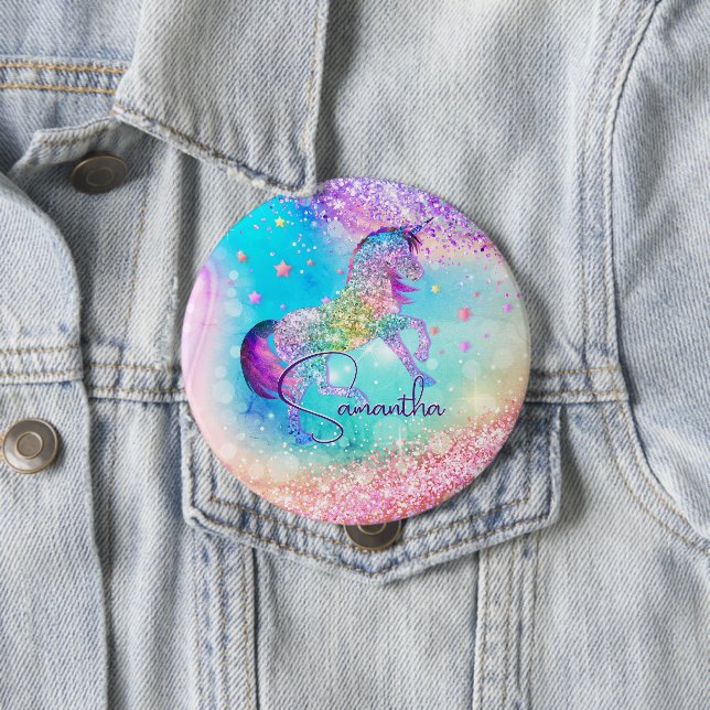 Cute unicorn pink Glitter rainbow aqua monogram Button (In Situ)