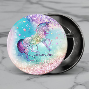 Cute unicorn pink Glitter rainbow aqua monogram Button