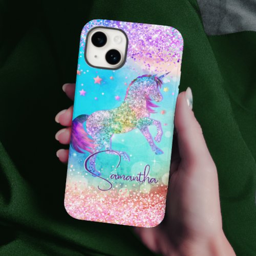 Cute unicorn pink Glitter rainbow aqua monogram Case_Mate iPhone 14 Case
