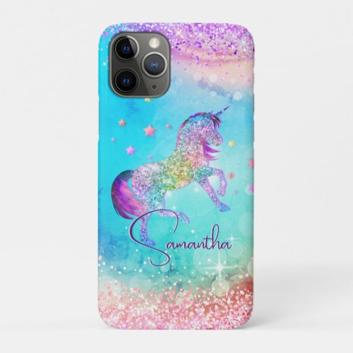 Cute unicorn pink Glitter rainbow aqua monogram iPhone 11 Pro Case
