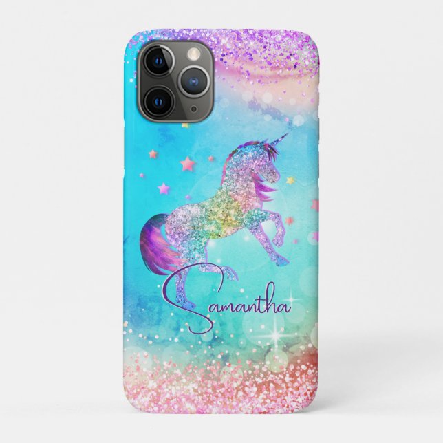 Cute unicorn pink Glitter rainbow aqua monogram Case-Mate iPhone Case (Back)