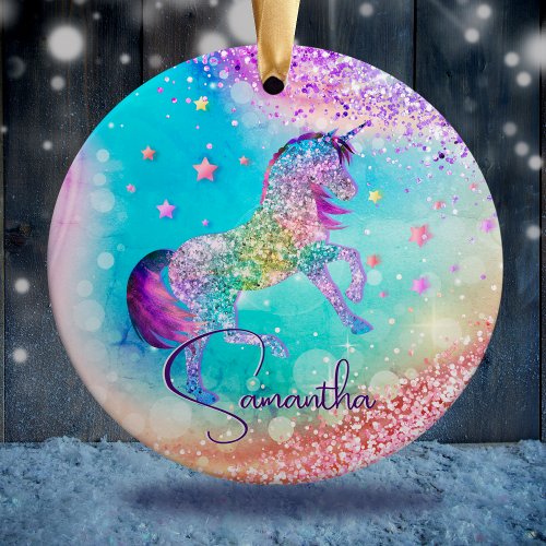 Cute unicorn pink Glitter rainbow aqua monogram Ceramic Ornament