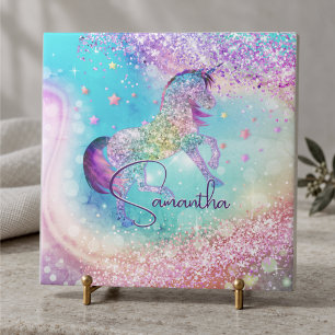 Cute unicorn pink Glitter rainbow aqua monogram Ceramic Tile