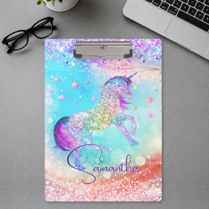 Cute unicorn pink Glitter rainbow aqua monogram Clipboard