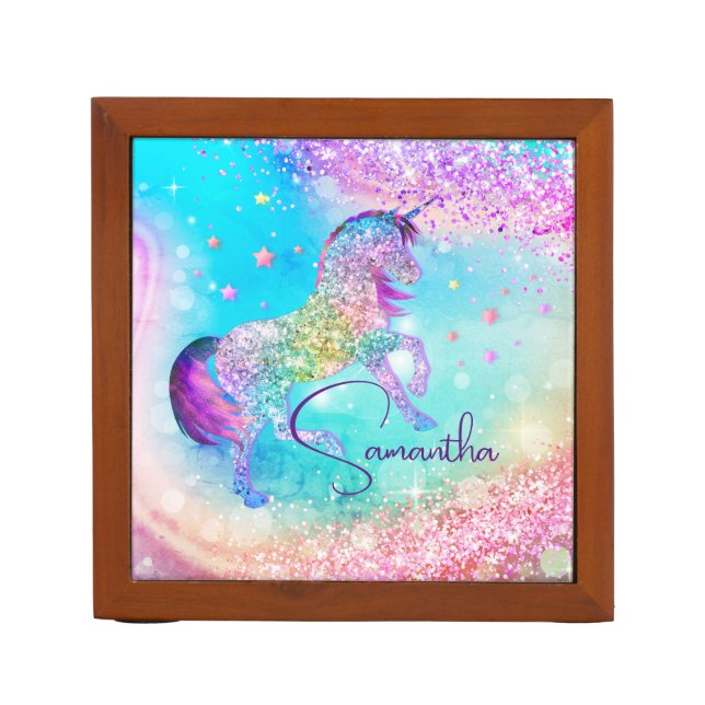 Cute unicorn pink Glitter rainbow aqua monogram Desk Organizer (Front)
