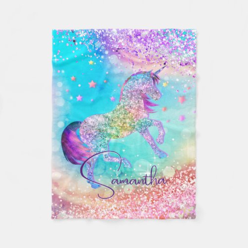 Cute unicorn pink Glitter rainbow aqua monogram Fleece Blanket