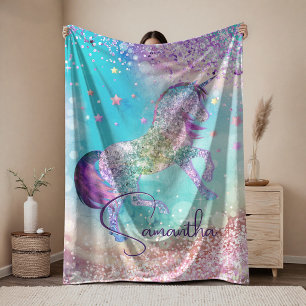 Cute unicorn pink Glitter rainbow aqua monogram Fleece Blanket