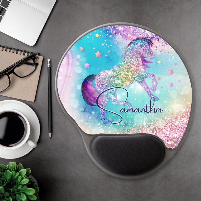 Cute unicorn pink Glitter rainbow aqua monogram Gel Mouse Pad (Creator Uploaded)
