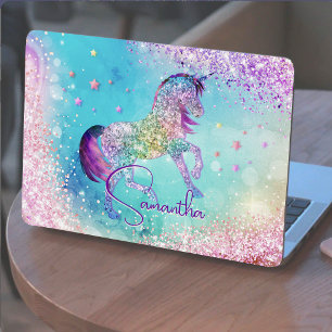 Cute unicorn pink Glitter rainbow aqua monogram HP Laptop Skin