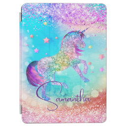 Cute unicorn pink Glitter rainbow aqua monogram iPad Air Cover