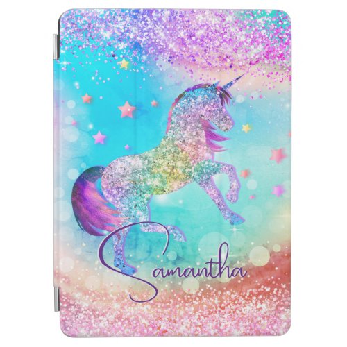 Cute unicorn pink Glitter rainbow aqua monogram iPad Air Cover