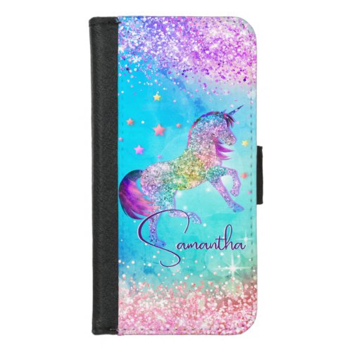 Cute unicorn pink Glitter rainbow aqua monogram iPhone 87 Wallet Case
