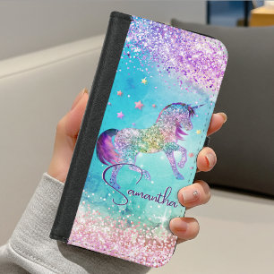 Cute unicorn pink Glitter rainbow aqua monogram iPhone 8/7 Wallet Case