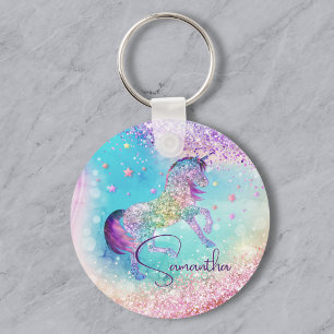 Cute unicorn pink Glitter rainbow aqua monogram Keychain