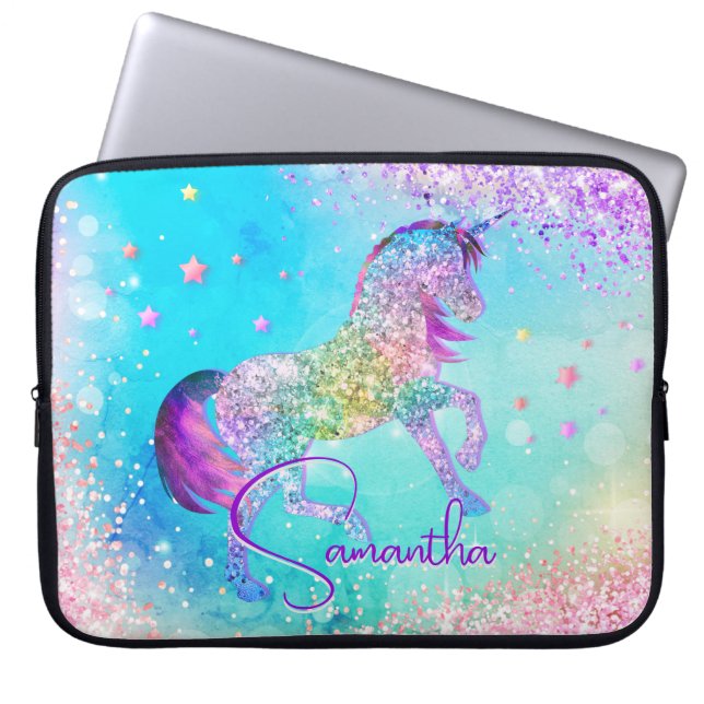 Cute unicorn pink Glitter rainbow aqua monogram Laptop Sleeve (Front)