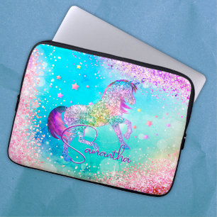 Cute unicorn pink Glitter rainbow aqua monogram Laptop Sleeve