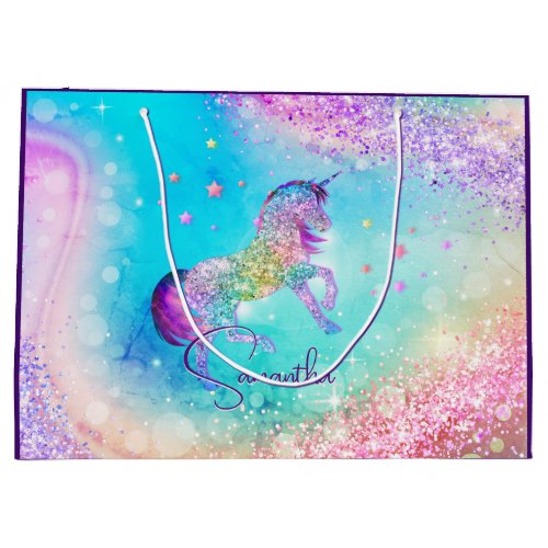 Cute unicorn pink Glitter rainbow aqua monogram Large Gift Bag