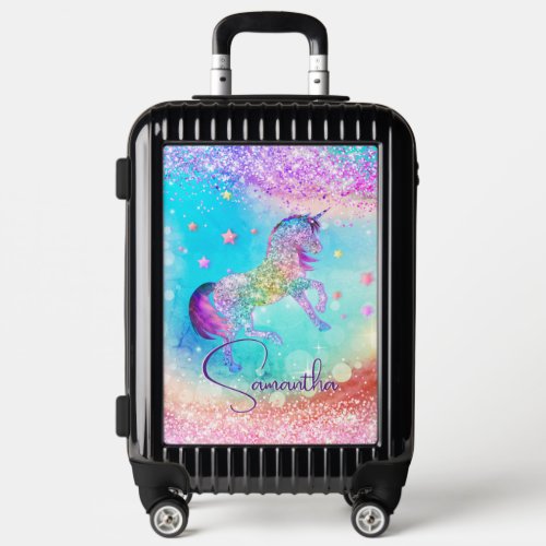 Cute unicorn pink Glitter rainbow aqua monogram Luggage