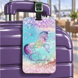 Cute unicorn pink Glitter rainbow aqua monogram Luggage Tag