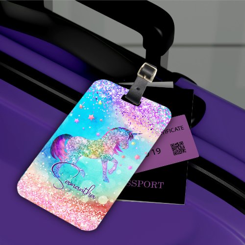 Cute unicorn pink Glitter rainbow aqua monogram Luggage Tag