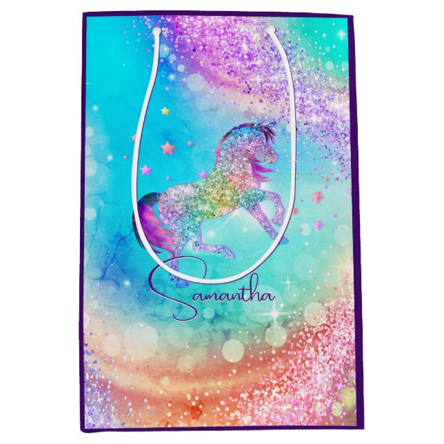 Cute unicorn pink Glitter rainbow aqua monogram Medium Gift Bag (Front)
