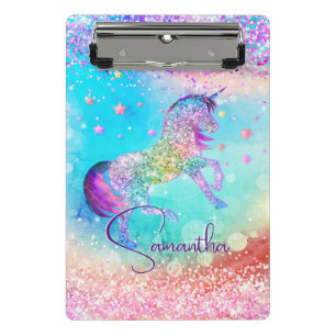 Cute unicorn pink Glitter rainbow aqua monogram Mini Clipboard