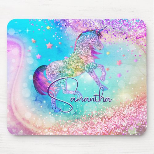 Cute unicorn pink Glitter rainbow aqua monogram Mouse Pad