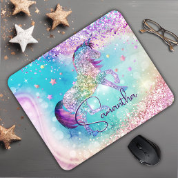 Cute unicorn pink Glitter rainbow aqua monogram Mouse Pad