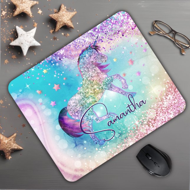 Cute unicorn pink Glitter rainbow aqua monogram Mouse Pad (Creator Uploaded)