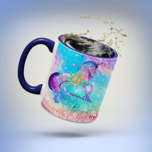 Cute unicorn pink Glitter rainbow aqua monogram Mug