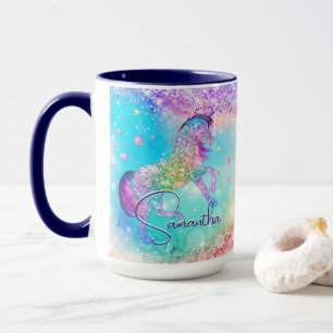 Cute unicorn pink Glitter rainbow aqua monogram Mug