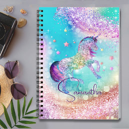 Cute unicorn pink Glitter rainbow aqua monogram Notebook